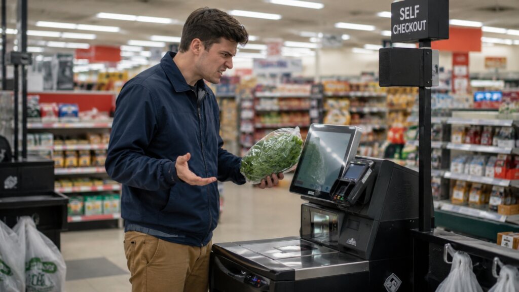 A frustrated shopper stands at a self checkout kiosk holding a bag of leafy greens while looking at the screen with confusion.