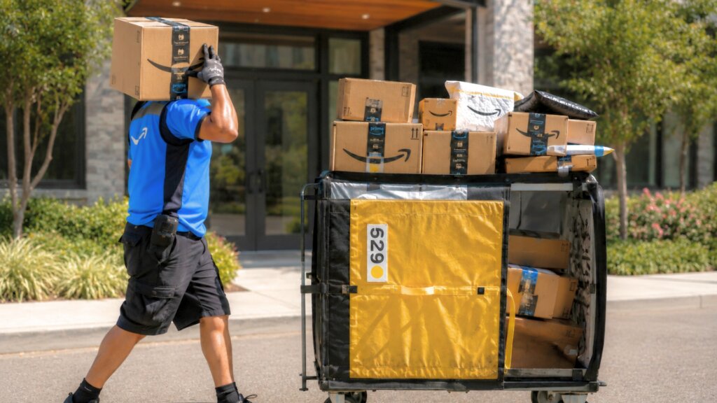 An Amazon delivery worker carries a large package toward a home while a delivery cart loaded with Amazon boxes and parcels waits nearby.