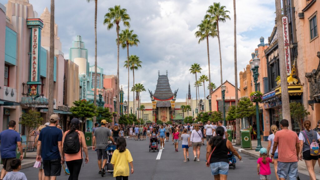 Crowds of visitors walking down the palm lined main boulevard toward the Chinese Theatre at Universal Studios.