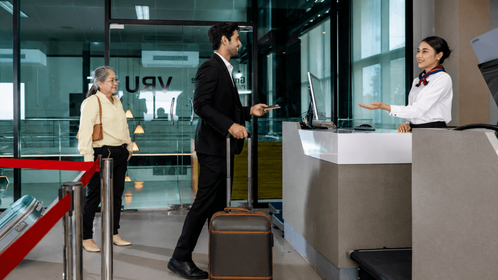 A man in a suit approaches a check-in desk at an airport while an airline employee welcomes him with a helpful gesture.