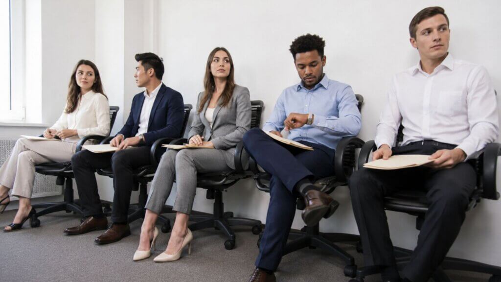 Five professionally dressed job applicants sit in a waiting room holding folders while waiting for interviews.