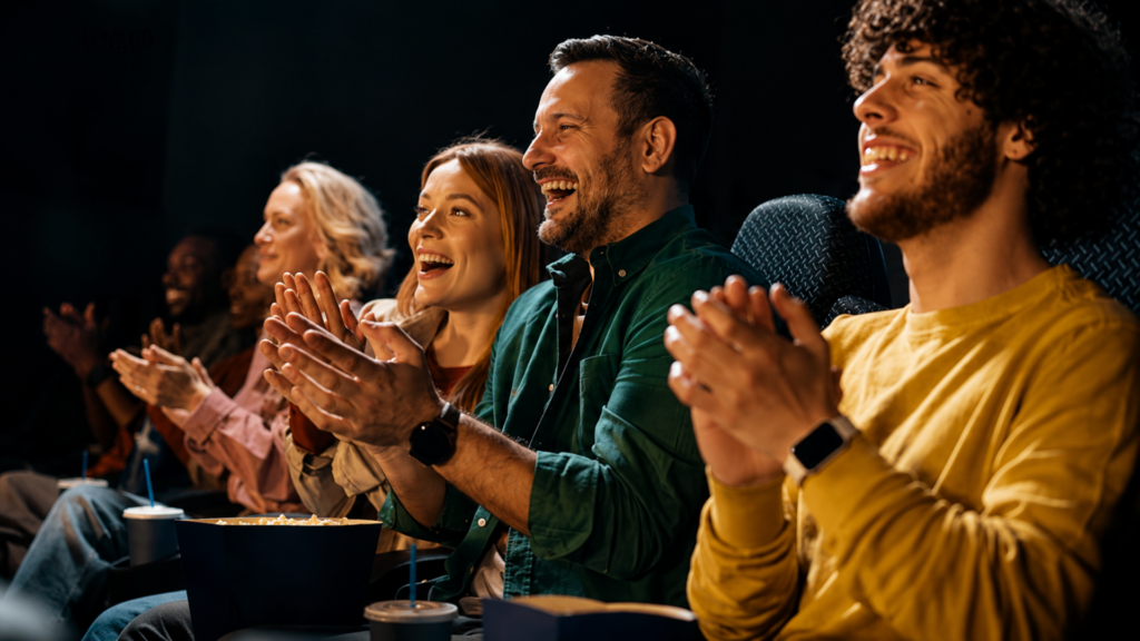 An audience laughing and clapping while sitting inside a movie theater.
