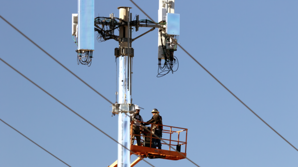 Two workers in an orange aerial lift basket performing maintenance on a tall cell phone tower.