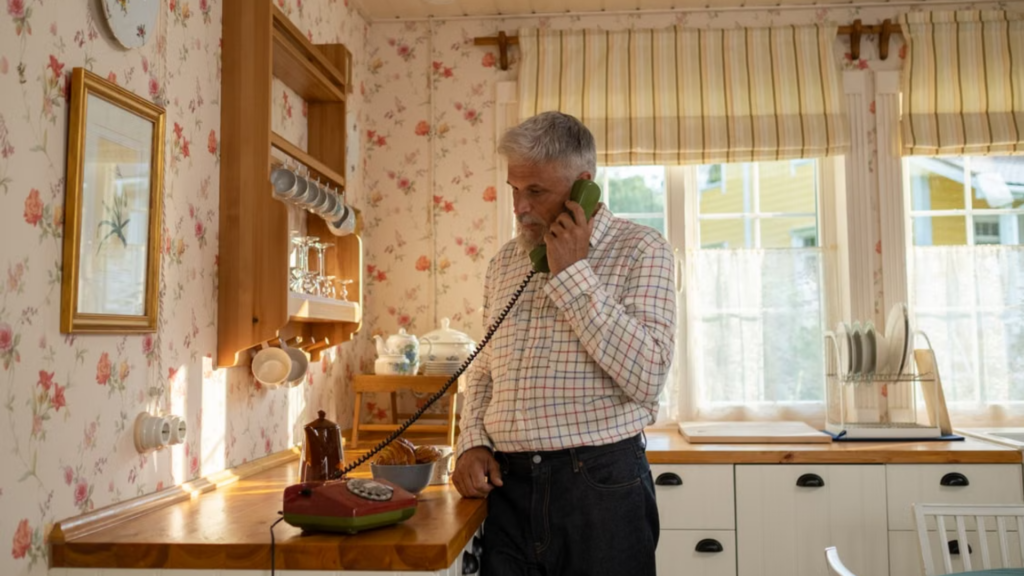 An older man with grey hair standing in a cozy, floral-wallpapered kitchen talking on a retro green rotary phone.