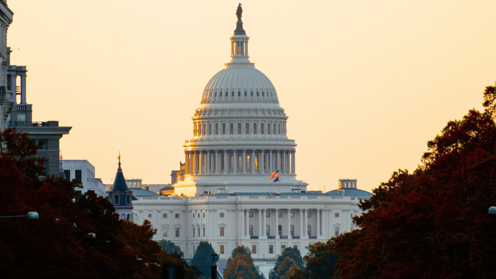 The white dome of the United States Capitol building bathed in golden light, framed by dark autumn trees against a bright yellow sky.