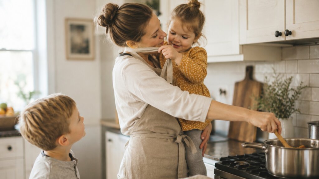 A parent stirs a pot on the stove while holding a young child as another child watches nearby in a bright home kitchen.