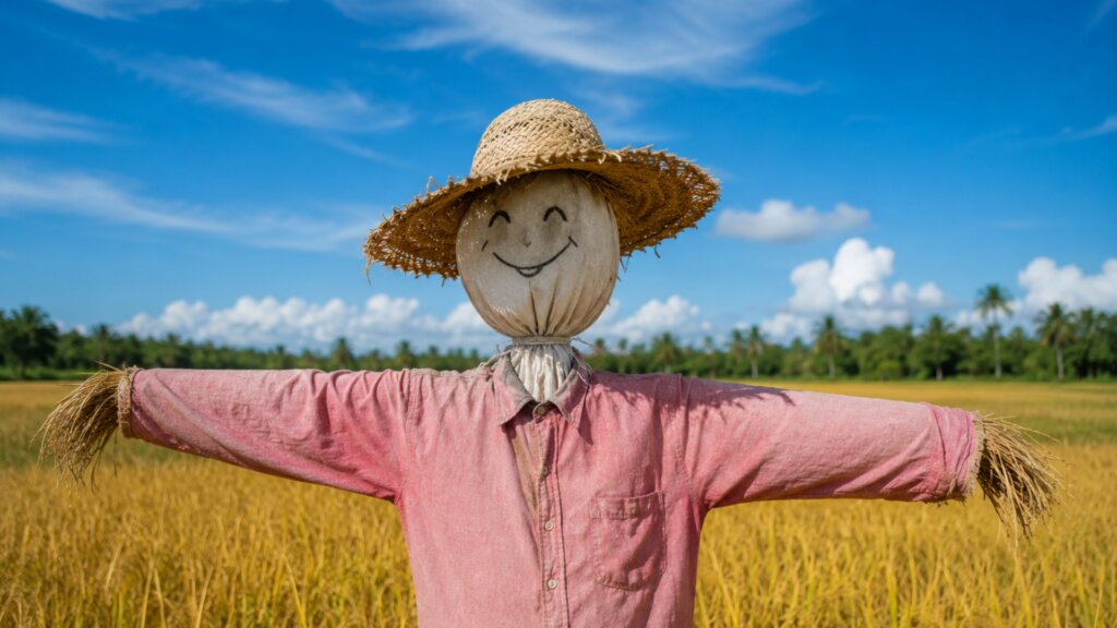 A smiling scarecrow wearing a straw hat and faded pink shirt stands with outstretched arms in a golden field beneath a bright blue sky with scattered clouds.