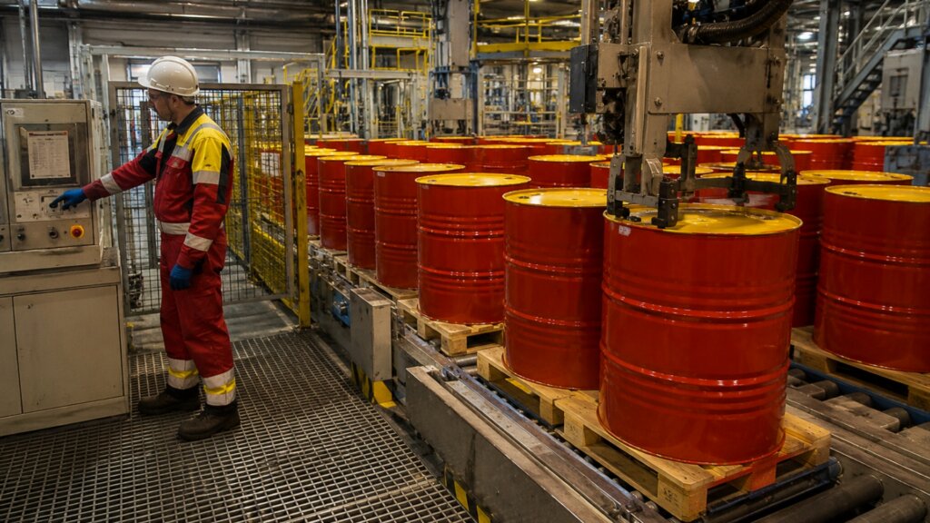 A refinery worker wearing a white hard hat and protective clothing operates industrial equipment beside rows of large red and yellow oil drums on a factory production line.