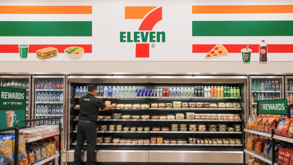 Interior of a 7-Eleven convenience store with a staff member stocking refrigerated shelves filled with drinks, salads, and prepared meals beneath the 7-Eleven logo.
