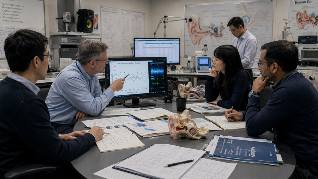 Research team gathered around a table discussing auditory data on a monitor, surrounded by notebooks, ear models, and anatomical diagrams.