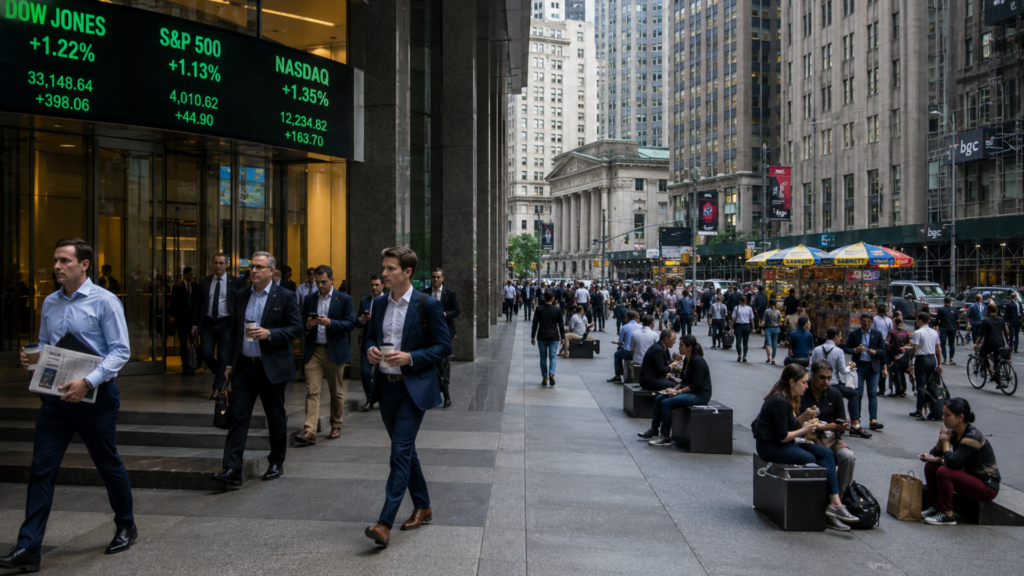 Pedestrians and business professionals walking on a busy New York City sidewalk past a digital stock ticker display.