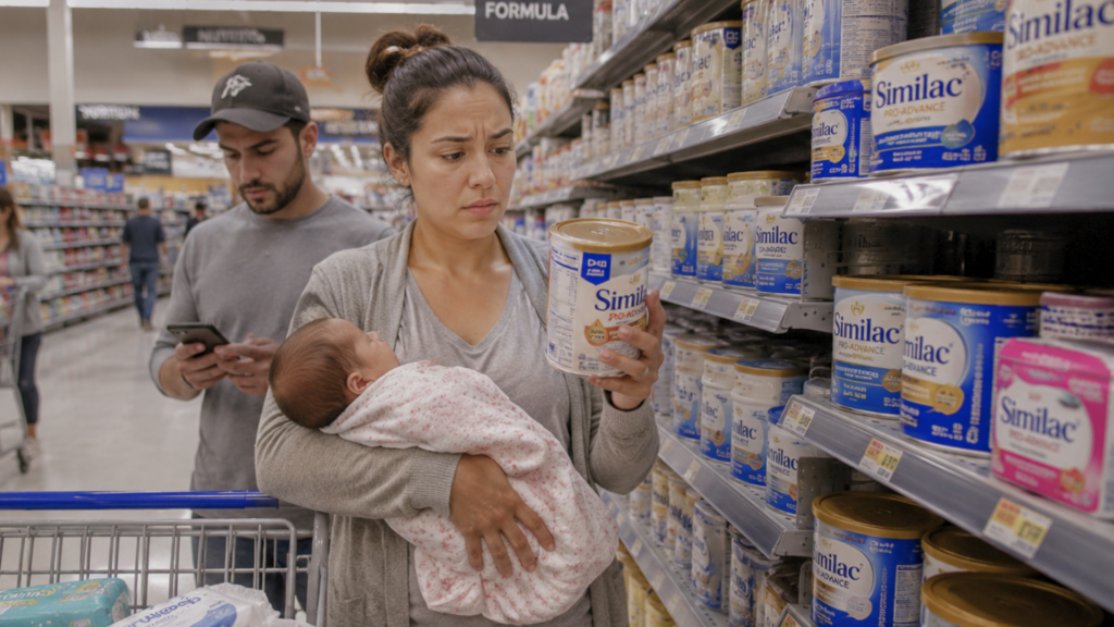 A concerned woman holding an infant stands next to grocery store shelves stocked with Similac baby formula.