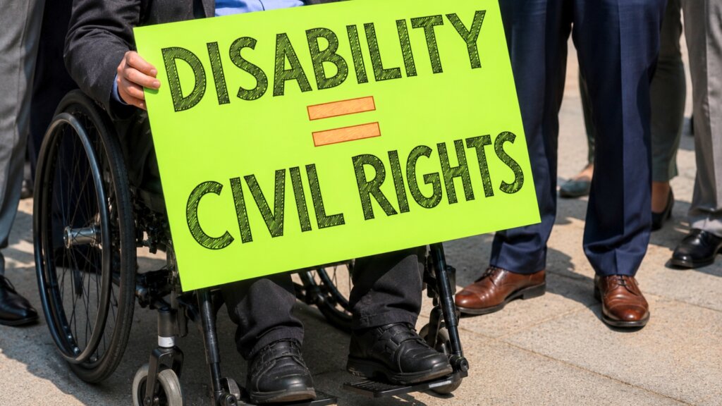 A person using a wheelchair holds a bright green protest sign that reads "DISABILITY = CIVIL RIGHTS" while standing with a group of supporters.