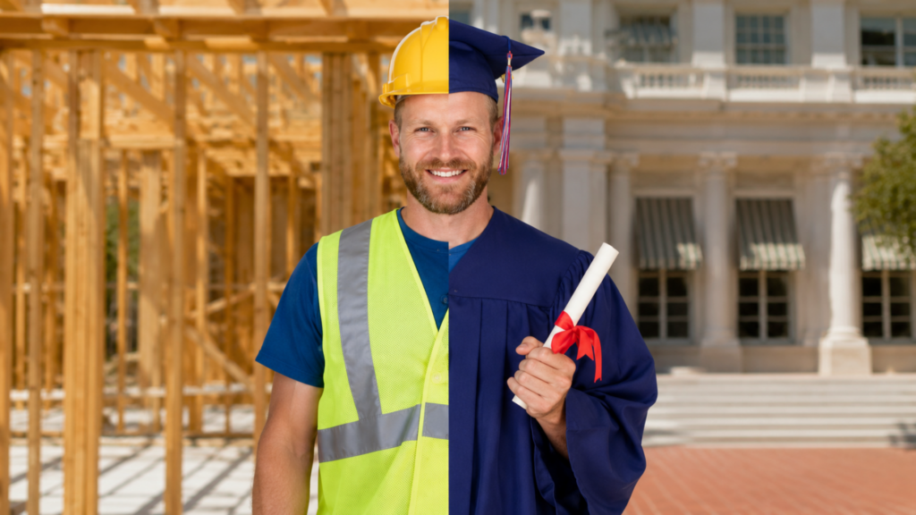 Composite image showing a worker in safety gear transitioning to a college graduate holding a diploma.