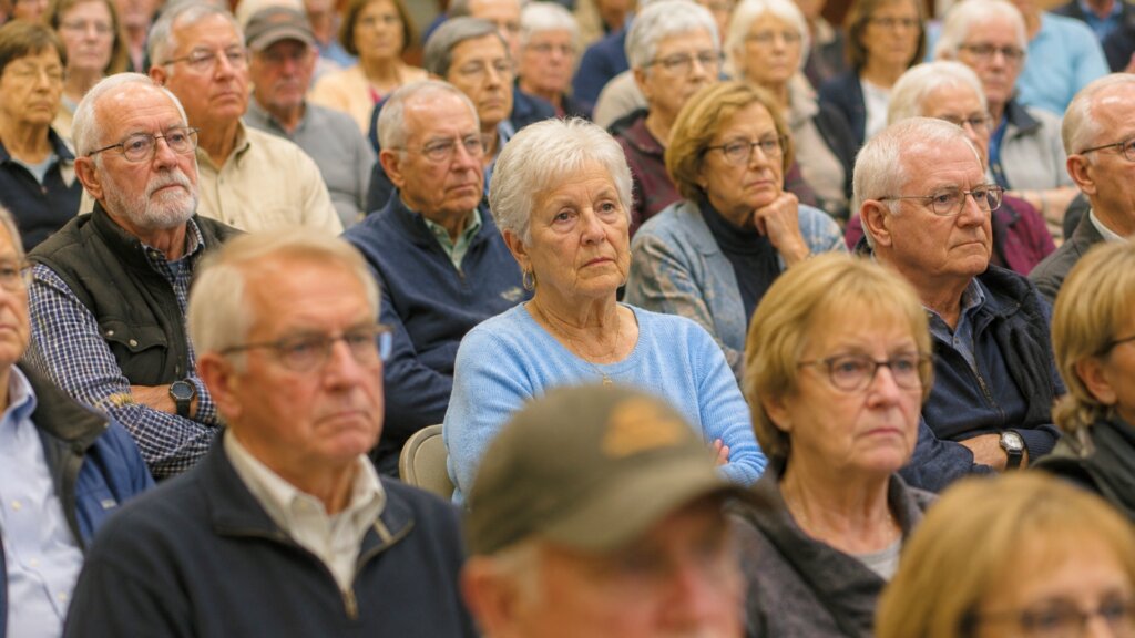 A large audience of older adults sits attentively during a public meeting or town hall. The crowd reflects the strong public interest in Social Security and retirement-related issues.