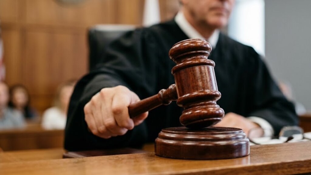 Judge strikes a wooden gavel on the bench in a courtroom while seated behind the bench in a black judicial robe.