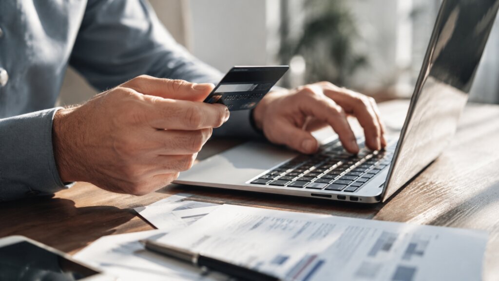 Person holds a credit card while entering information on a laptop with financial documents spread across a desk.
