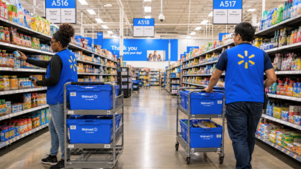 Two Walmart associates stock shelves and transport blue inventory bins down a brightly lit grocery aisle.