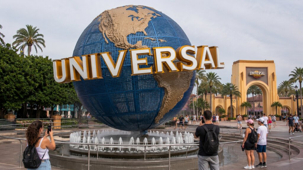 The iconic rotating Universal globe fountain at the entrance to Universal Studios with guests stopping to take photos.