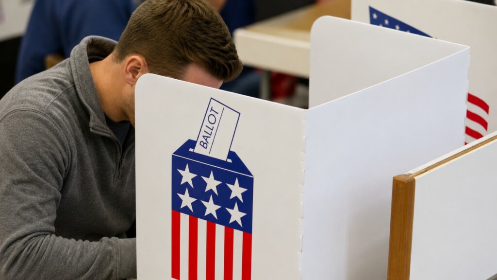 Voter filling out a ballot inside a white privacy voting booth marked with a ballot box graphic and the word "BALLOT."