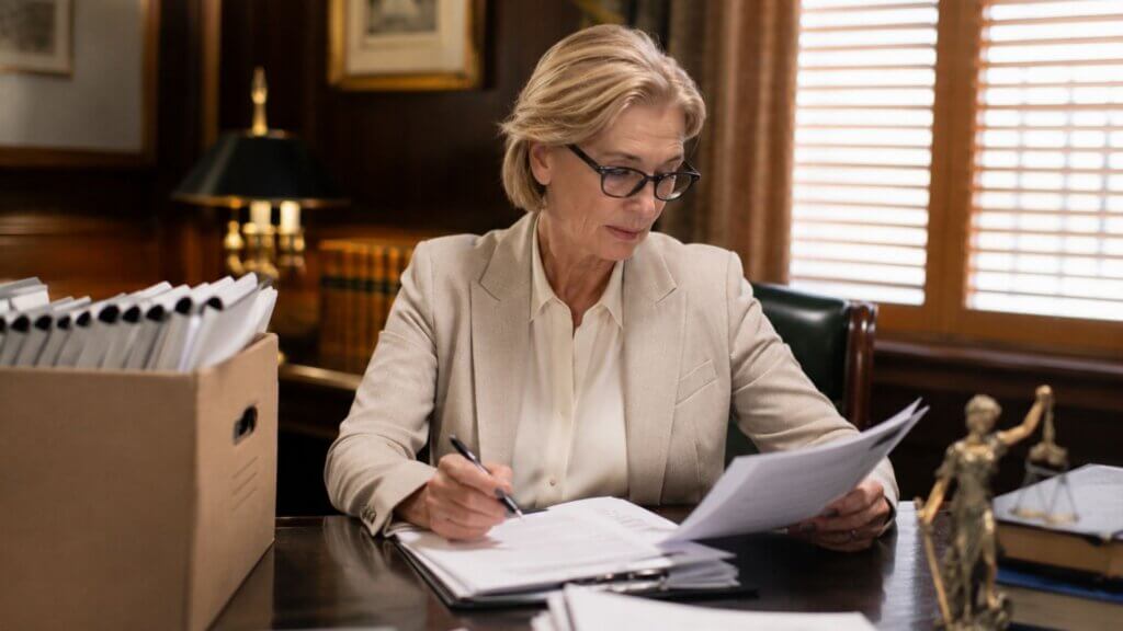 Lawyer reviews paperwork at a desk in an office with a box of files nearby.
