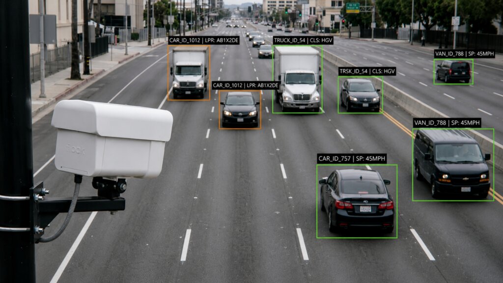 Traffic monitoring camera mounted above a multi lane city road while software highlights vehicles with detection boxes and license plate recognition overlays.