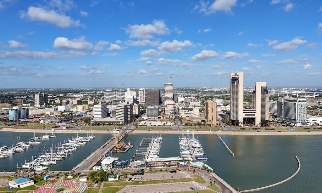 Aerial view of the Corpus Christi, Texas, skyline overlooking Corpus Christi Bay.