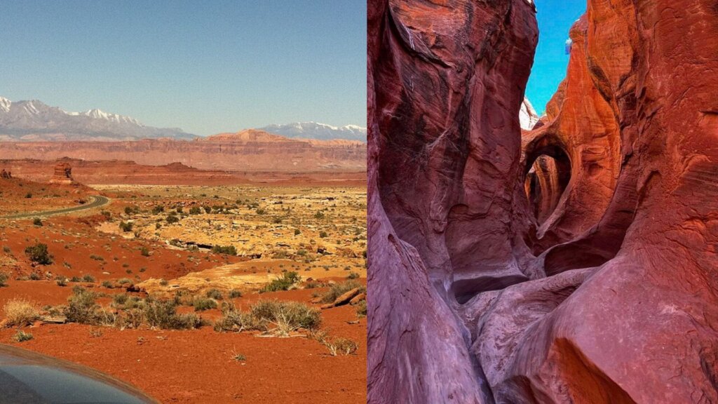 Split view of Utah's red desert landscape and sandstone canyon in Bears Ears and Grand Staircase-Escalante national monuments.