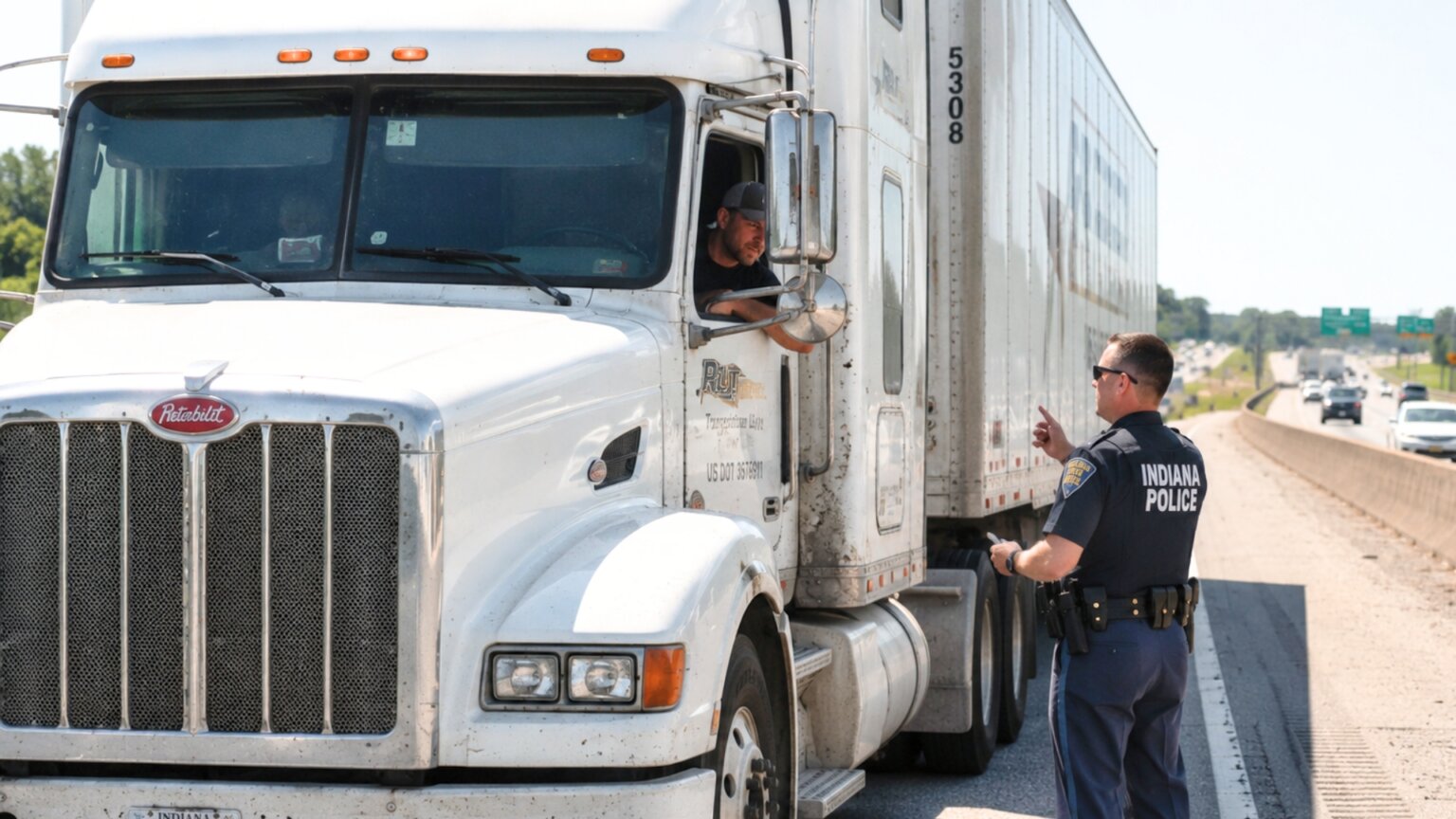 Over $11 Million in Stolen Truckloads Recovered by Indiana State Police Representation of an Indiana State Police officer speaking with a semi-truck driver during a roadside stop on a busy interstate.