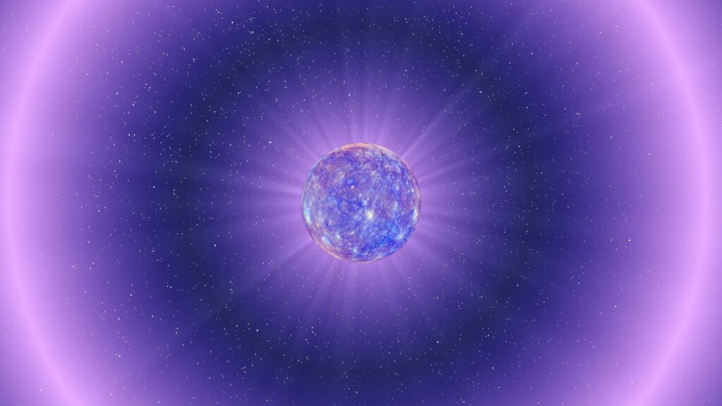 A vibrant purple planet in the center of the image, encircled by a dramatic explosion of glowing radiation and cosmic energy.