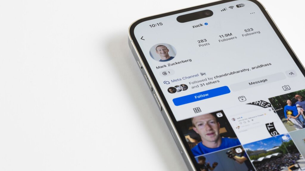 Meta profile of Mark Zuckerberg displayed on a smartphone screen in a close up photo.
