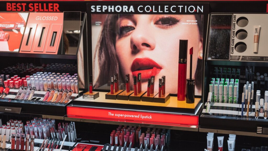 A row of Sephora products displayed in a store, showcasing a variety of options from the brand.
