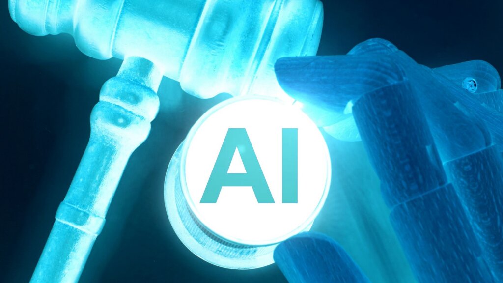 A close-up image of an AI control button, a judge’s gavel on the right, and a robotic hand nearby, all illuminated by deep blue infrared lighting.