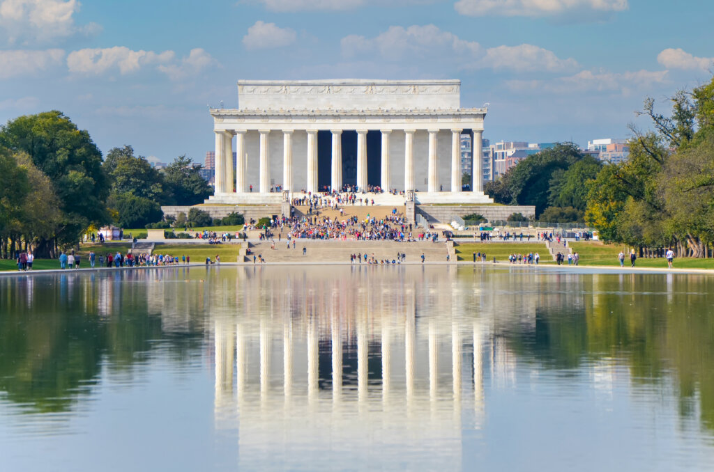 The Lincoln Memorial reflected in the Reflecting Pool on the National Mall in Washington, D.C.