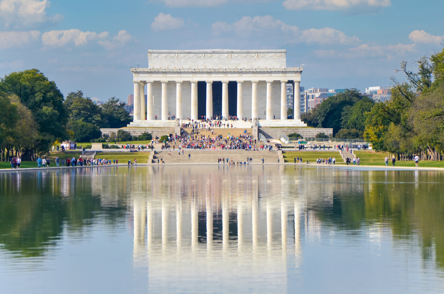 The Lincoln Memorial reflected in the Reflecting Pool on the National Mall in Washington, D.C.