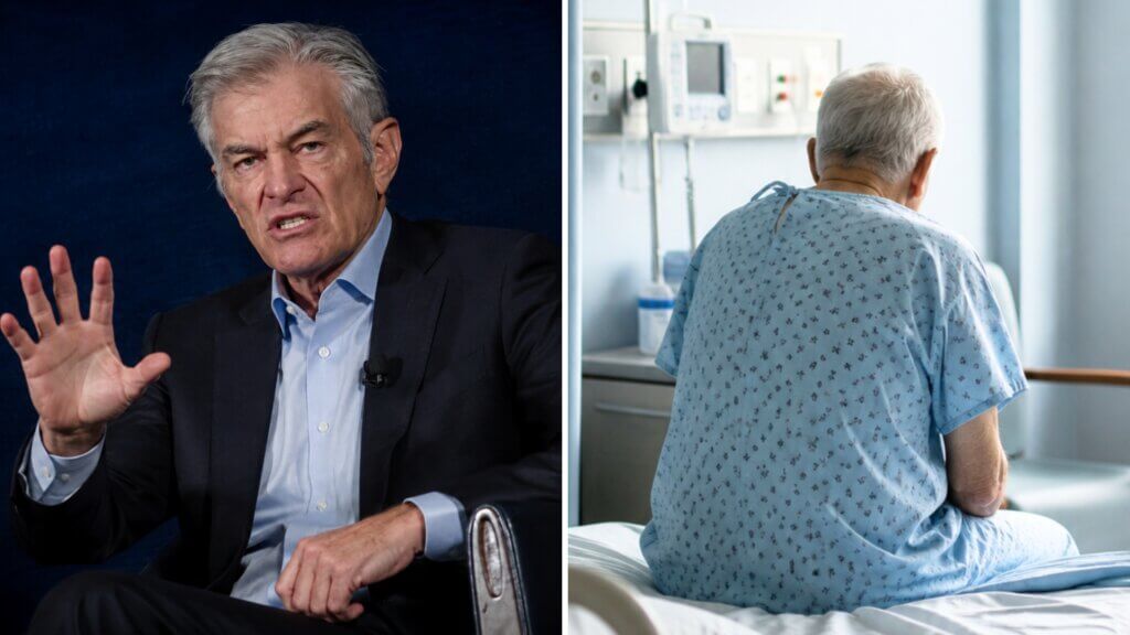 Split image showing Dr. Mehmet Oz in a dark suit, one hand raised, beside an older hospital patient sitting on the edge of a bed, facing away.