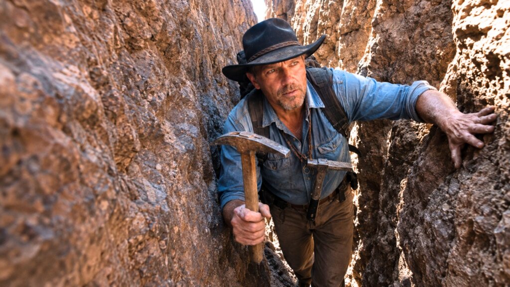 A man wearing a black cowboy hat and carrying climbing gear squeezes through a narrow rocky crevice.
