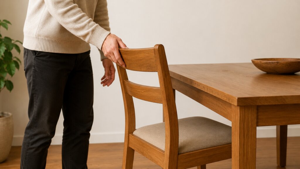 Person pushing a wooden dining chair.