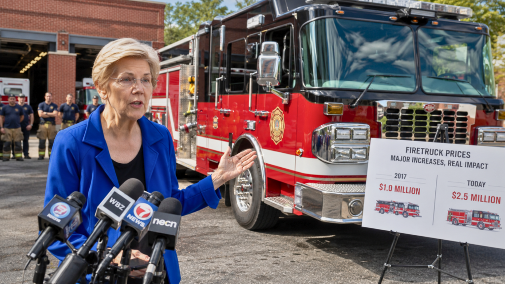 Senator Elizabeth Warren gesturing beside a firetruck price sign during a press conference outside a fire station.
