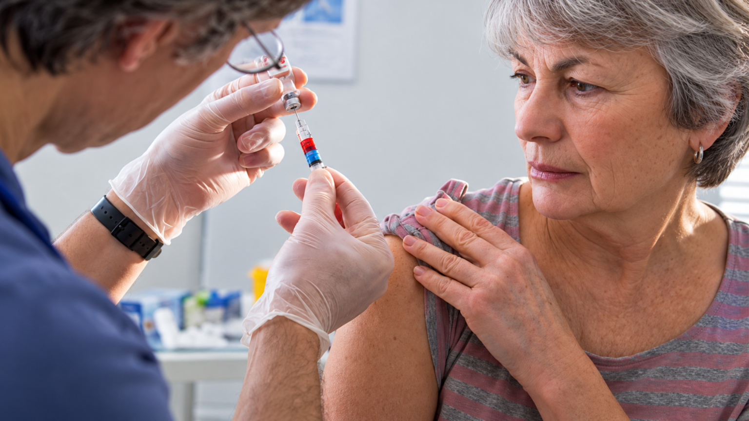 Healthcare worker preparing a syringe beside an older woman awaiting vaccination.