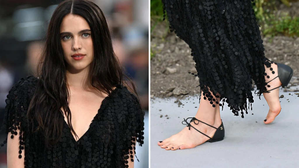 Split image showing Margaret Qualley in a black textured dress alongside a close-up of her lace-up flat Chanel sandals.