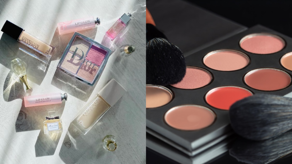 Split photo showing various Dior cosmetics alongside a blush palette with makeup brushes.