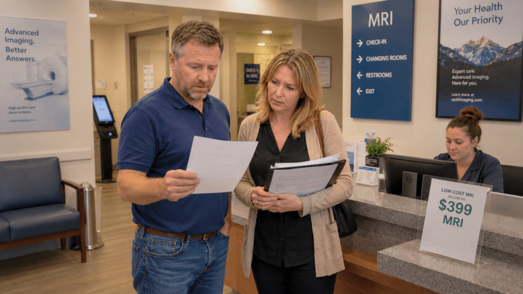 A couple standing at a medical clinic reception desk reviewing billing documents together.