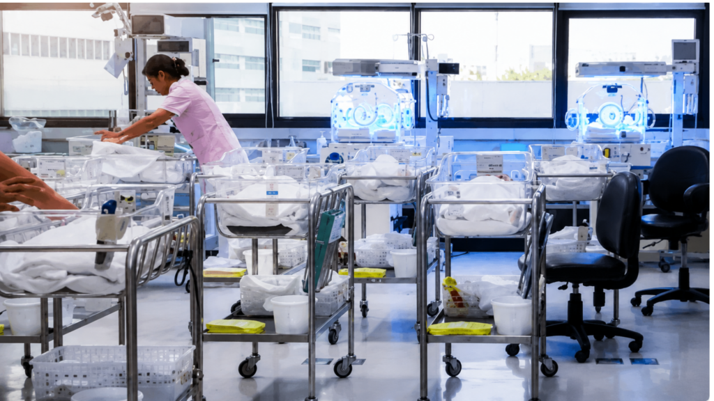 Hospital nursery with a nurse attending to infants in wheeled bassinets.