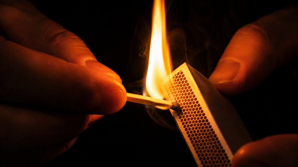 Hands hold a matchbox while a lit match produces a tall orange flame against a dark background.
