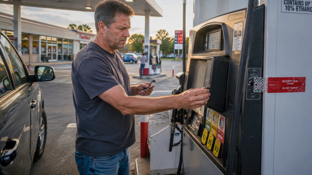 A man inserting a credit card into a gas pump terminal at an outdoor filling station.