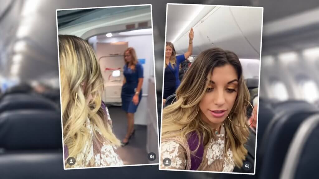Whitney Lynn records video inside an Alaska Airlines.