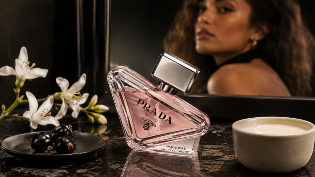 A bottle of Prada Paradoxe Sweet Chemistry perfume surrounded by white flowers and black currants.