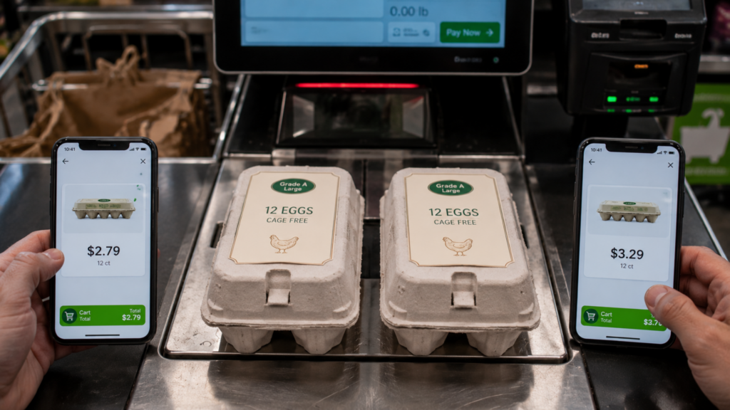 Two smartphones displaying different app prices while held next to egg cartons at a store checkout.