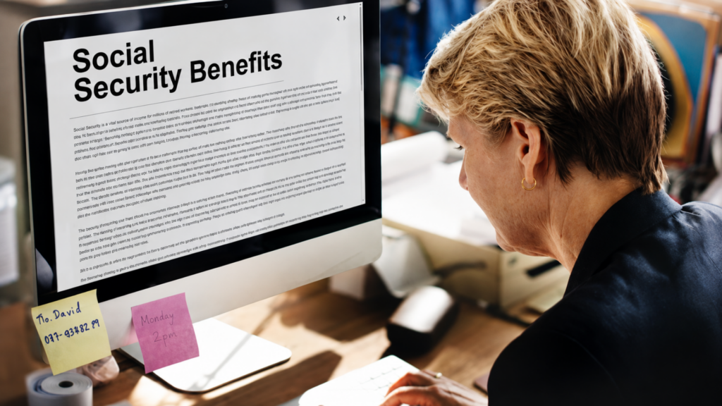 Woman reading a document titled "Social Security Benefits" on a desktop computer.